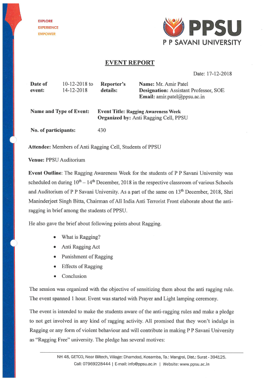 Ragging Awareness Week 2018-19 report