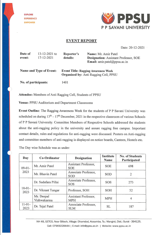 Ragging Awareness Week 2021-22 report